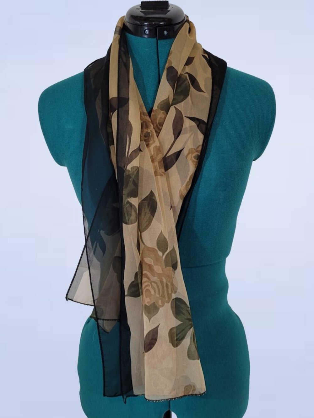 Elegant Vintage Sheer Chiffon Scarf - Beige & Black Leaf Floral Print Shawl Wrap